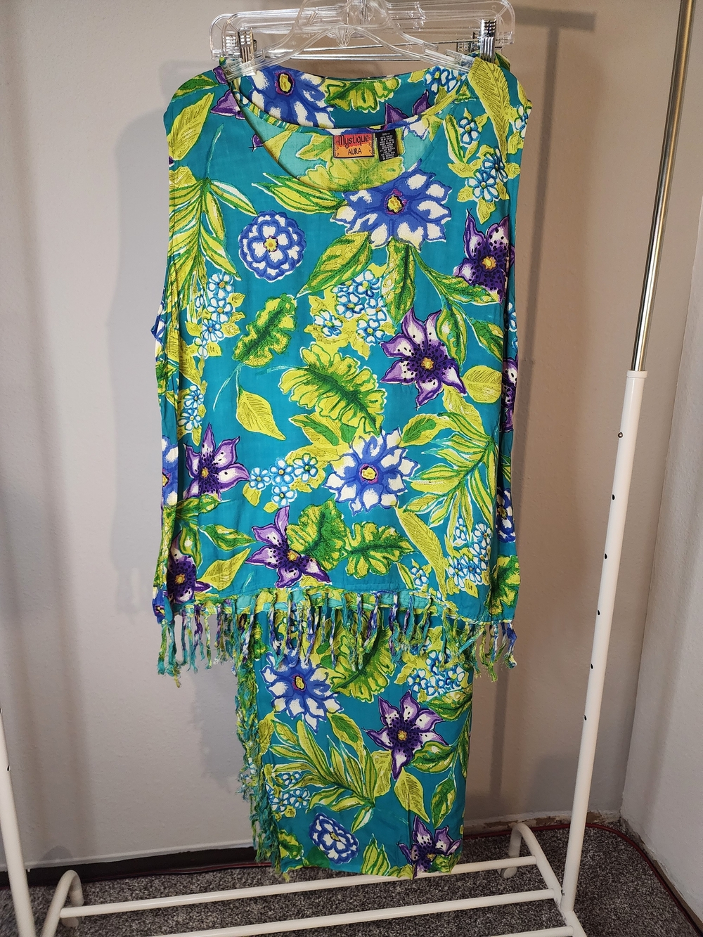 Mystique Aura Floral Fringe Women's Set. Sleeveless Top And Matching Wrap Skirt.